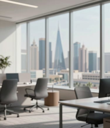 A modern, minimalist office interior in Riyadh with a view of the King Abdullah Financial District skyline through large glass windows. The decor features sleek furniture in #1A202C and #B8936F accents, creating a professional and modern corporate vibe.