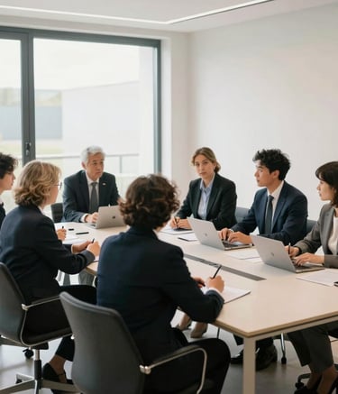 A group of professionals in a collaborative meeting around a large table in a bright, contemporary workspace in France, natural light, clean lines, professional and sophisticated atmosphere.