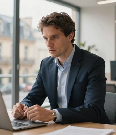A professional financial consultant in a modern, sunlit office in a French city, wearing a dark navy suit, having a serious and focused discussion, high-end corporate photography, soft natural lighting, Western European / French setting.
