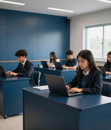 Photography of a modern classroom in a South American / Argentinian educational institute, students using high-end laptops, sleek dark blue furniture, steel blue walls, soft natural light, premium corporate atmosphere.