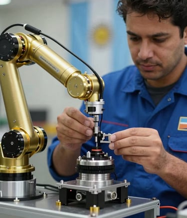 Close-up action shot of a professional technician in South American / Argentinian work attire demonstrating a robotics assembly, sharp focus, technical lighting, modern tools, blue and gold color palette in the background.