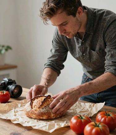 A professional photographer in a Northern European studio setting, meticulously arranging a still life of fresh produce and rustic sourdough. The lighting is soft and natural, emphasizing textures of parchment and deep ripe crimson tomatoes, evoking an artisanal yet polished mood.