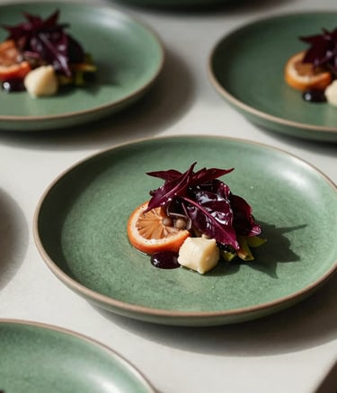 A close-up, high-angle photograph of an artisanal chef plating a vibrant dish in a sunlit Northern European kitchen. The scene features deep ripe crimson accents from fresh ingredients and matte forest green ceramic plates, captured in a clean, professional lifestyle photography style.