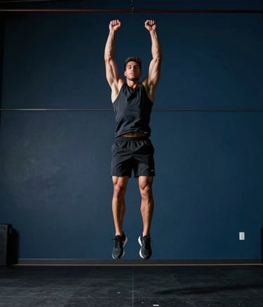 A high-action photograph of a male athlete performing an explosive vertical jump in a minimalist, modern North American training facility. The lighting is crisp and professional, highlighting muscle definition and athletic form. The color palette features deep blue and charcoal tones in the background, creating a premium and focused atmosphere.