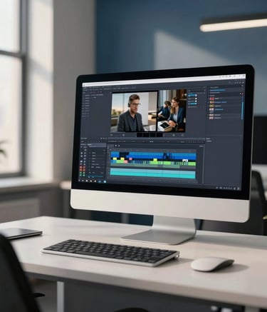 A sleek, modern North American office interior with soft morning light. A professional workspace featuring a high-end computer monitor displaying a sophisticated video editing interface. The room is decorated in dark blue and off-white tones, reflecting an innovative and trustworthy brand mood.