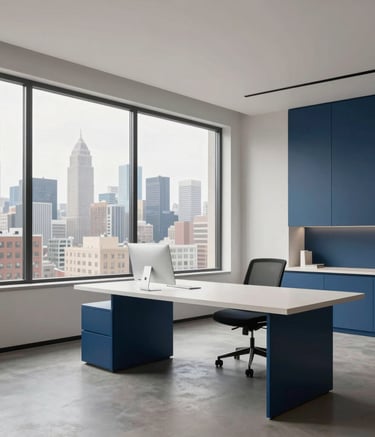 A wide shot of a minimalist creative studio located in a North American metropolitan area. Large windows reveal a city skyline. The interior is professional and sophisticated, featuring medium blue and off-white design elements.