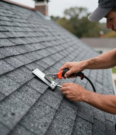 A detailed close-up of a roofing professional installing new flashing around a chimney on a steep residential roof. North American setting, high-quality gray shingles, professional tools, crisp focus, soft natural lighting.