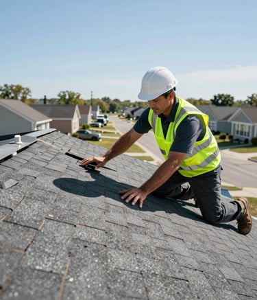 A professional roofing contractor wearing a safety vest and a hard hat, inspecting a residential asphalt shingle roof in a North American suburban neighborhood. Bright daylight, clear blue sky, sharp focus on the texture of shingles.