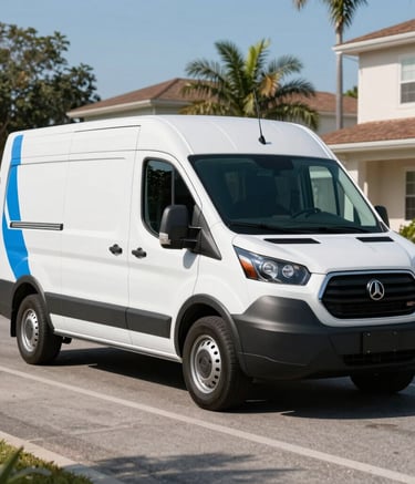 A clean, modern white plumbing service van with mid blue accents parked on a sunny Orlando street, North American / US suburban architecture in the background, sharp focus, professional high-quality photography.