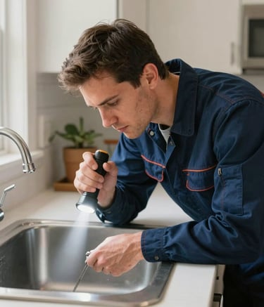 A professional North American plumber in a dark blue uniform inspecting a kitchen sink with a flashlight, North American / US residential setting, bright daylight, professional photography emphasizing trust and efficiency.