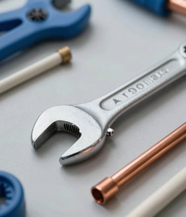 Close-up detail shot of professional plumbing tools including a wrench and copper pipes on a light gray surface, professional lighting with mid blue and off white tones, North American / US workshop setting.
