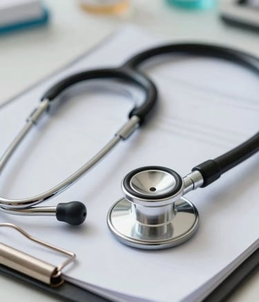 A close-up of a stethoscope and a medical clipboard on a desk in a South American clinic, representing reliability, clinical excellence, and organized healthcare services.