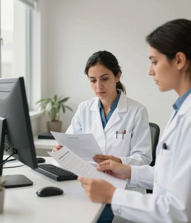 A clean, modern medical office in Bucaramanga, South American style, with professional staff in white coats reviewing documents, bright natural light, warm and professional atmosphere.