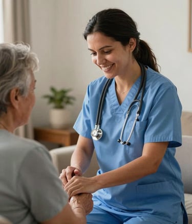 A South American female doctor in blue medical scrubs performing a check-up on an elderly patient in a domestic setting, portraying home healthcare with a warm and caring smile.
