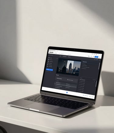 A minimalist, professional workspace featuring a high-end laptop on a clean desk. The screen shows a modern web development interface. The background is a soft off-white with deep slate shadows, emphasizing a clean and authoritative contractor aesthetic.