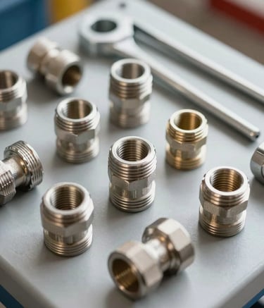 A close-up photograph of high-quality stainless steel plumbing tools and polished pipe fittings neatly arranged on a Mist Grey surface. The lighting is bright and professional, suggesting an efficient work environment in a Northern European / German / Hamburg residential setting. The style is modern and sharp.