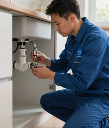 A professional technician wearing a Deep Sea Blue work uniform with a subtle Steel Blue logo, skillfully repairing a pipe under a modern kitchen sink. The setting is a clean, contemporary Northern European / German / Hamburg apartment with soft, natural morning light.