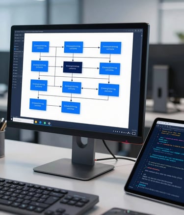 A close-up shot of a professional workstation in a modern office. A high-resolution monitor displays a complex process flow diagram with royal blue and navy accents. Beside it, a tablet shows lines of code. The lighting is clean and sophisticated, featuring soft blue tones.
