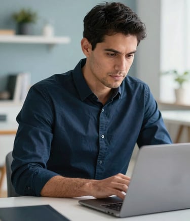 A professional Peruvian man in his late 30s, dressed in a smart-casual navy shirt, working on a sleek laptop in a bright, modern home office. He looks focused and empowered. The background is slightly blurred with soft blue and white decor.