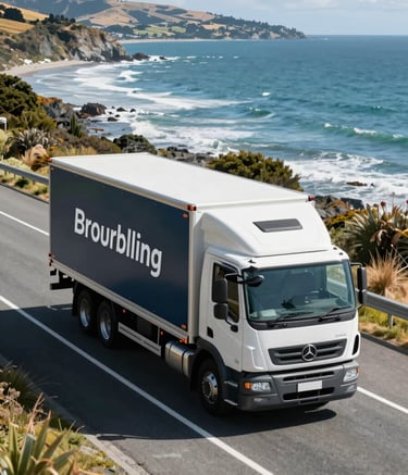 A high-angle photograph of a modern moving truck, painted in dark slate blue and ice white, driving along a scenic New Zealand coastal road. The atmosphere is bright and trustworthy, suggesting a seamless nationwide service. The composition is clean and professional.