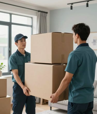 A medium shot of professional movers wearing muted teal uniforms, carefully carrying a heavy cardboard box into a modern, brightly lit home. The scene is clean and organized, reflecting efficiency and expert care. The lighting is natural and crisp, with accents of light grey blue in the home's decor.