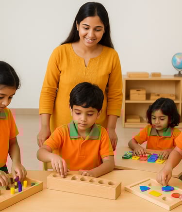 Children using various learning tools as the teacher looks on