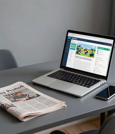 A clean, modern desk setup in a South Asian home office. A laptop displays an educational dashboard. Next to it is a printed newspaper and a smartphone. The atmosphere is professional and organized, using soft grey and deep blue tones.