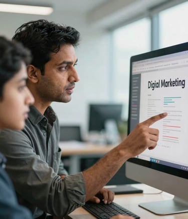 A close-up of a professional South Asian mentor in business casual attire, pointing at a computer screen and explaining digital marketing strategies to a young adult. The setting is a modern, bright office in Pakistan with soft natural light and steel blue accents.