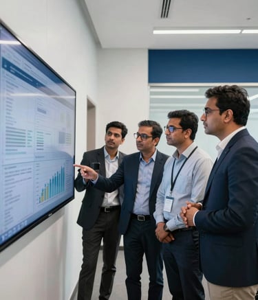 A professional group of South Asian individuals working together in a sleek, modern office. They are discussing data on a large screen in a room with clean white walls and navy blue accents, reflecting a high-tech atmosphere in Pakistan.