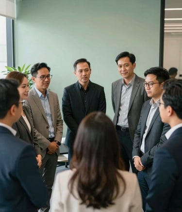 A group of diverse professionals in a modern Southeast Asian / Indonesian office environment, standing together in a collaborative circle, soft sage green walls, professional attire, soft natural lighting, high-quality photography.