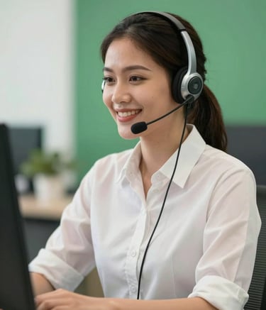 A professional customer service representative in a Southeast Asian / Indonesian office setting, smiling warmly while wearing a modern headset, blurred background with emerald green and off-white accents, bright and friendly atmosphere.
