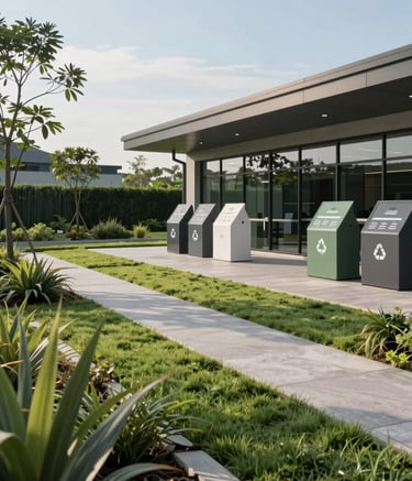 A clean, landscaped area around a modern Indonesian recycling center, featuring sage green vegetation and a clear sky, reflecting a professional and eco-conscious atmosphere.