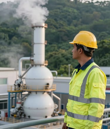 A professional engineer in high-visibility safety gear standing at a modern waste-to-energy facility in Indonesia, with mist white industrial equipment and deep forest green accents in the background, soft morning sunlight.