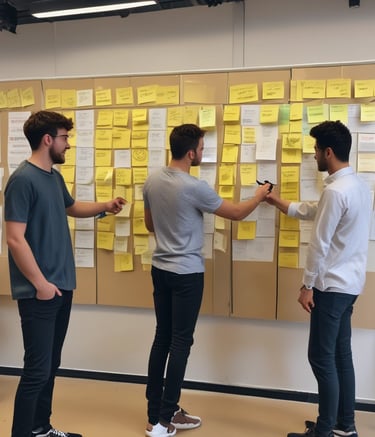 Colleagues brainstorming ideas around a table with laptops and notes