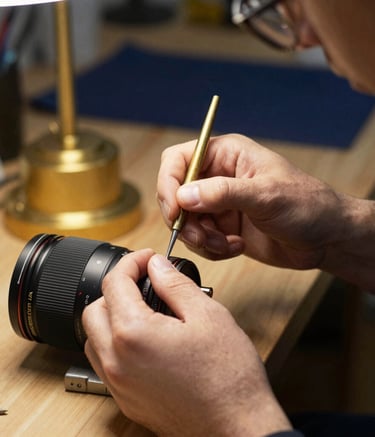 Close-up of a specialized workshop in a European studio in Portugal. A professional's hands are demonstrating a complex technique to a student. The lighting is warm and natural, creating an atmosphere of focused development. Accents of gold and dark blue are visible in the background.