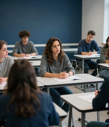 A professional European classroom setting in Portugal. A diverse group of learners is participating in an interactive workshop. The atmosphere is informative and trustworthy, with a palette of dark blue and greyish blue.
