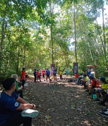 a group of people sitting on benches in a forest