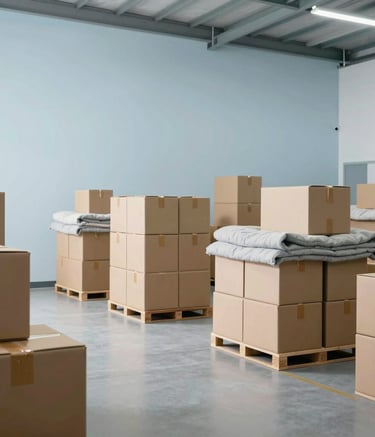 A wide angle professional photograph of a modern, clean warehouse interior for a moving company in South America. The space is organized with stacks of uniform cardboard boxes and protective blankets. The lighting is bright and airy, using soft pearl and pale sky blue tones to create a sense of calm and efficiency.