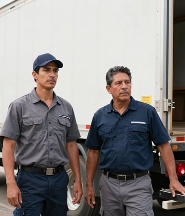 A medium shot of two professional movers in South America standing next to the tailboard of a large, clean truck. They are dressed in matching navy and slate gray uniforms, looking professional and ready to assist. The scene is bright and conveys trust and security.