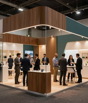 A wide-angle photograph of a sophisticated corporate exhibition in a modern Brazilian convention center. The space features elegant booths with clean lines, glass partitions, and warm brown and muted teal accents. Soft architectural lighting highlights the meticulous organization, with South American attendees engaged in professional networking.