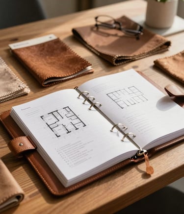 Close-up photography of an event planner's workspace in a sunny Brazilian studio. A leather-bound planner, architectural floor plans for a gala, and fabric swatches in warm brown and tan are neatly arranged on a wooden desk. Natural light creates a mood of professional organization and creative sophistication.