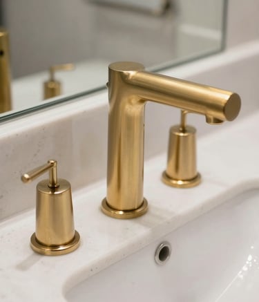 Close-up detail of luxury bathroom fixtures: a brushed gold faucet on a white quartz countertop. The composition is artistic and architectural, reflecting a North American / US modern design studio style.