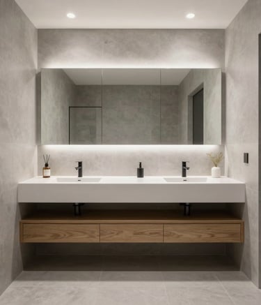 A professional wide-angle interior photograph of a modern minimalist bathroom in a North American / US residence. Features a floating white oak vanity, large-format soft gray tiles, and architectural lighting that emphasizes clean lines and space.