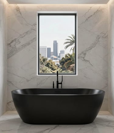 A high-end architectural photograph of a luxury bathroom in a North American / US home. Focus on a sleek matte black bathtub against a white marble wall with a single vertical window showing Los Angeles foliage. Minimalist, serene lighting, white and soft gray color palette.