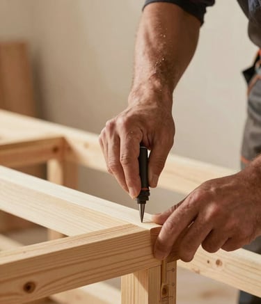 A close-up shot of a master builder's hands working with precision tools on a timber frame. The lighting is warm and natural, emphasizing the texture of the wood. The background features a soft sandy beige wall and subtle hints of warm taupe construction materials, showcasing modern craftsmanship.
