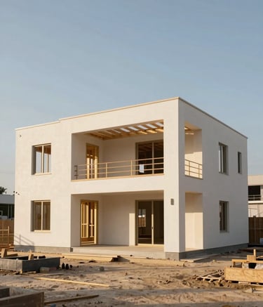 A wide-angle, professional photograph of a modern residential construction site under a clear sky. The house frame is visible, showing clean architectural lines. The scene is bathed in warm sunlight, with a color palette of soft sandy beige and creamy off-white tones, reflecting sophisticated reliability.