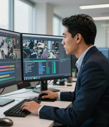 A South American IT specialist in business attire monitoring security software on multiple large screens in a bright, modern office in Quito, professional and focused atmosphere.