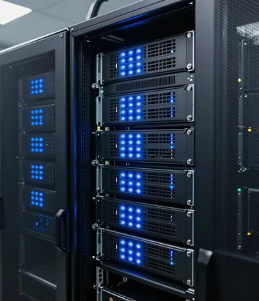 Photography of a modern server rack with glowing electric blue indicators in a clean data center, South American corporate setting, representing reliability and high technology.