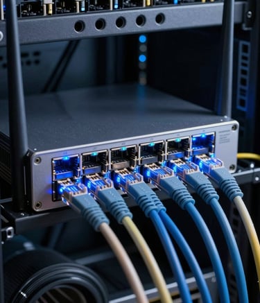 Detailed photography of a high-speed router with blinking electric blue lights and professionally organized ethernet cables in a modern Ecuadorian data center, cinematic lighting.