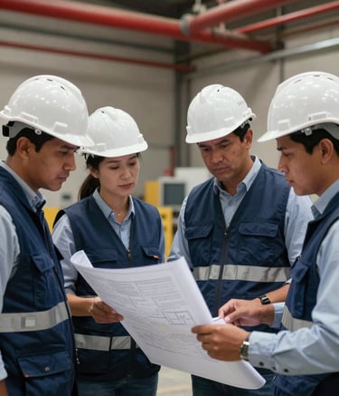A group of South American Brazilian safety engineers wearing white hard hats and navy blue vests looking at a blueprint inside a large warehouse, red fire sprinkler pipes visible on the ceiling, professional style.